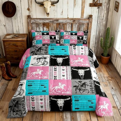 Manfei Cowboy Comforter Set Twin Size, Bull Skull Horse Arrow Bedding Set 2pcs for Kids Boys Girls Room Decor, Geometric Grid Blue Pink Plaid Quilt Set Western Duvet Set with 1 Pillowcase