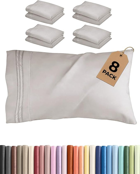 King Pillow Cases Set of 8 - Ultra Soft Hotel Quality Pillowcase Covers - Comfy. Cozy & Wrinkle Free - Shrink, Stain and Fade Resistant - Machine Washable Pillow Protectors - 8 Piece Set - Light Grey