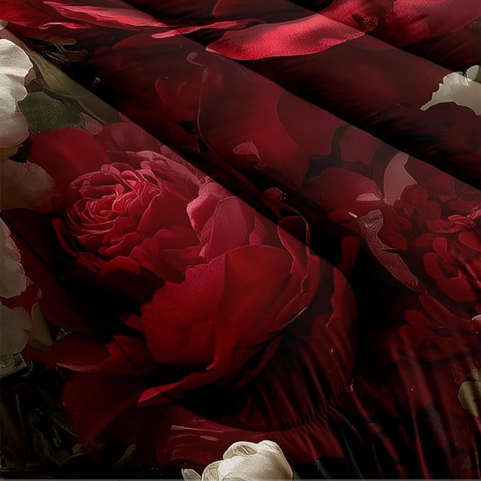 Women Vintage Red and White Rose Comforter Set, Twin Size 2-Piece White Butterfly Comforter Sets for Girls Room Decor, 1 Comforter 68"x 90", 1 Pillowcase, Soft Microfiber All Season