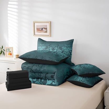 Erosebridal Gothic Damask Bed in a Bag King Size Comforter Set 7 Pieces,Halloween Bat Bedding Sets Turquoise Victorian Floral Goth Sheet Set with Comforter