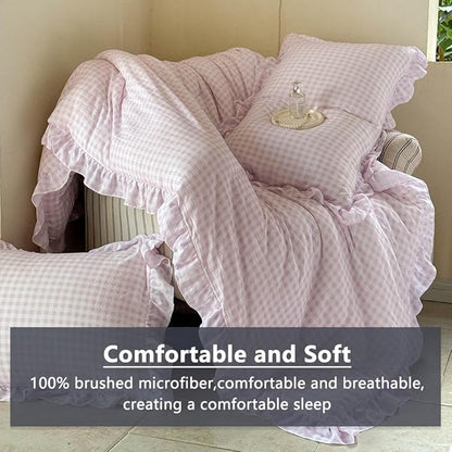 NSNLGSGC Pink Ruffle Gingham Comforter Set King, Pre-Washed Ruffled Plaid Checked Comforter Bedding, 3 Pieces Vintage Farmhouse Grid Bedding Set(Pink Gingham, King)