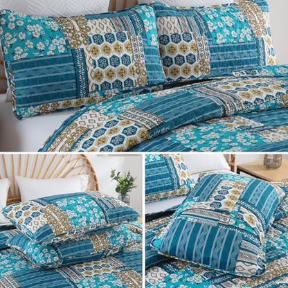 Mybedsoul Boho Quilts Queen Size, Floral Patchwork Bedding Set, Dusty Blue