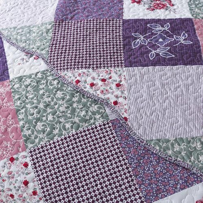 HoneiLife Quilt Set Queen Size - 3 Piece Microfiber Reversible Bedspreads Patchwork Coverlets Floral Bedding Set All Season Quilts with Geometric and Little Rose Print Pattern