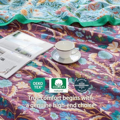 VANJOROY Boho Throw Blanket, 100% Organic Cotton Breathable Skin-Friendly Ultra Soft 80" x 90" Bed Quilt Blue Throw - Floral Rustic Luxury Reversible Blanket for Sofa Couch Chair and Gift,