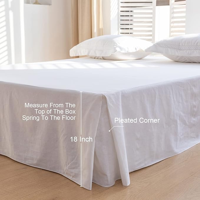 BISELINA French Linen Bed Skirt with Pleated Corner 18-Inch Tailored Drop Natural Flax Cotton Blend Basic Dust Ruffle Soft Cozy Farmhouse Bedding (18" King, Basic White)