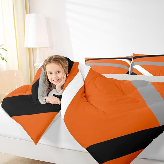 Erosebridal Orange Gray Black Striped Bedding Set Full Size Modern Abstract Comforter Set for Adult Women Men Geometric Lines Bed Sets Aesthetic Boho Duvet Quilt Sets