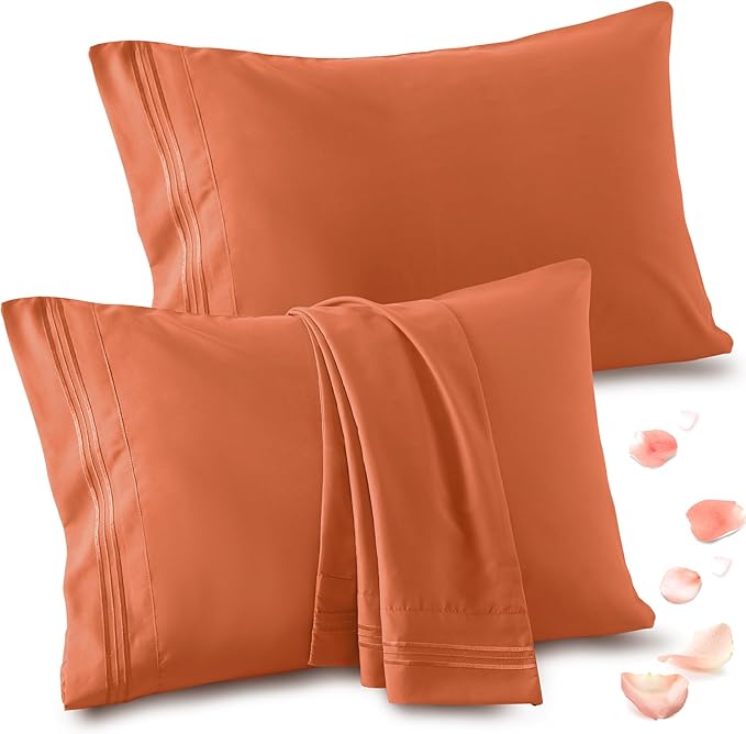 Vonty 2 Pack Standard Pillow Cases - 20x26 Inch, 1800 Thread Count Microfiber Pillowcases Standard Size Pumpkin Orange Pillow Cases Luxury & Soft Embroidered Bed Pillow Covers with Envelope Closure