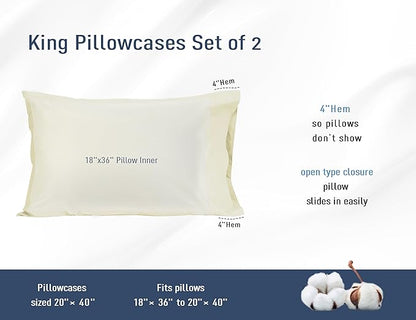 Pillow Cases, King Size Cotton Percale Weave Pillowcases, Pre-Shrunk Breathable and Hypoallergenic Pillowcases, Set of 2 (2 Piece King 20 Inch x 40 Inch, Cream)