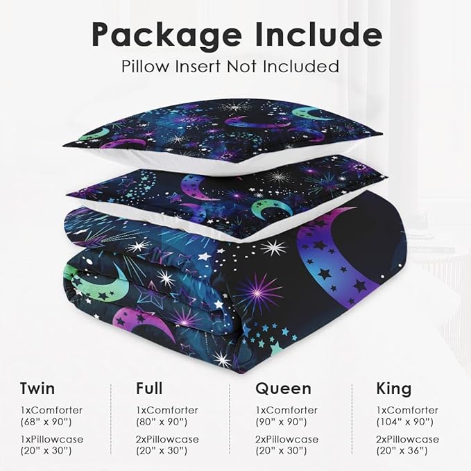 Full Size Comforter Set with 2 Pillowcases, Moon Neon Galaxy Kids Rainbow Soft 3 Pcs Bedding for Kids and Adults Bedroom Bed Decor