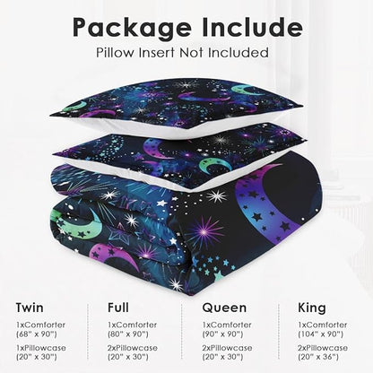 Full Size Comforter Set with 2 Pillowcases, Moon Neon Galaxy Kids Rainbow Soft 3 Pcs Bedding for Kids and Adults Bedroom Bed Decor