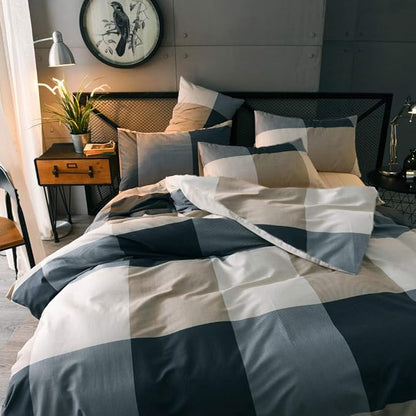 mixinni Queen Size Checkered Duvet Cover Set - 3 Piece Grey Geometric Cotton Bedding Set with Zipper Closure & Corner Ties, 100% Washed Cotton Soft Breathable Duvet Cover for Men, Women, Teens (Queen)