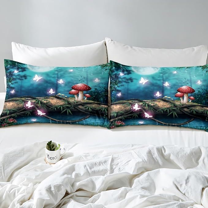 Red Mushroom Bed Set for Boys Girls,Moon Night Sky Jungle Comforter Cover for All Season,Magical Butterfly Cartoon Plant Ultra Soft Bedding Set Quilt Cover Queen Size 3 Pieces