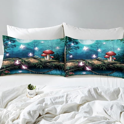 Red Mushroom Duvet Cover King Size,Moon Night Sky Jungle Bedding Set 3pcs for Teens Adults,Magical Butterfly Cartoon Plant Comforter Cover Soft Quilt Cover Bedroom Decor Bedspread,No Comforter