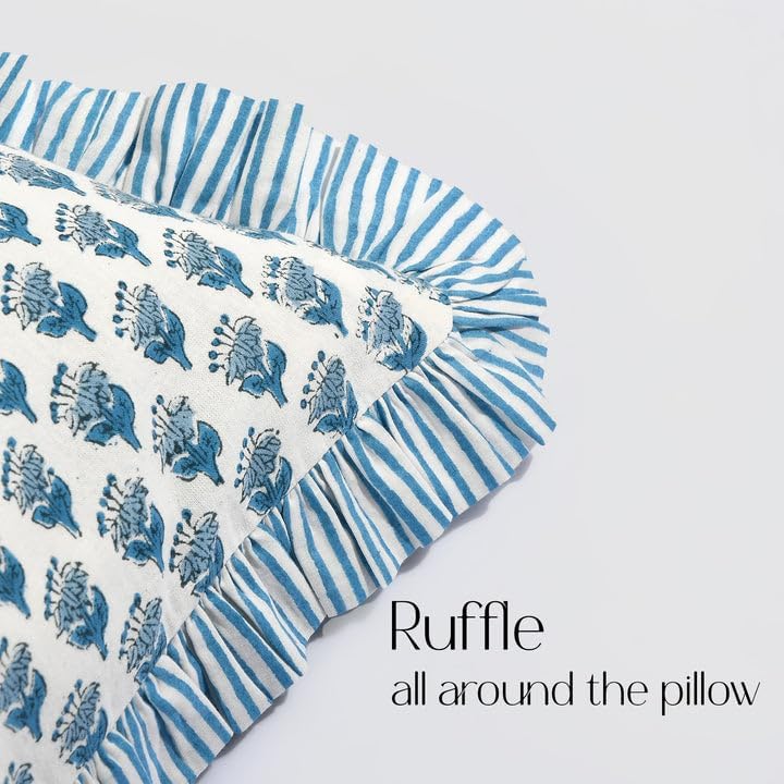 CPC Block Print Apatite Blue Ruffle Cotton Lumbar Pillow Cover 12x20 inch