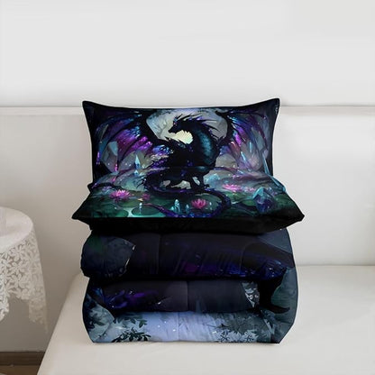 Feelyou Dragon Comforter Set Toddler Size Dragon Stuff Bedding Set for Kids Boys Girls Wild Life Duvet Quilt Magic Wildlife Bedroom Decor Black Purplish 2 Pcs with 1 Pillow Cases