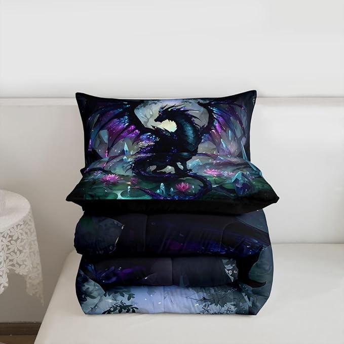 Feelyou Dragon Comforter Set Queen Size Dragon Stuff Bedding Set for Kids Boys Girls Wild Life Duvet Quilt Magic Wildlife Bedroom Decor Black Purplish 3 Pcs with 2 Pillow Cases