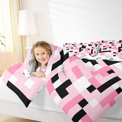 Pixelated MinersComforter Set King Size,Video Games Game Gamepad Kids Bedding Set,Geometric Grid Square Quilt Comforter,Black Pink White Duvet Insert,2 Pillowcases