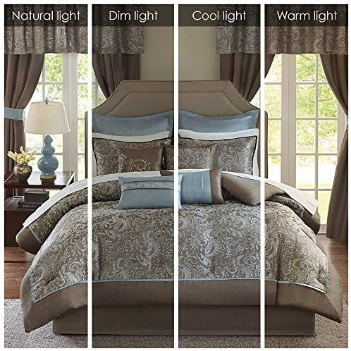 Madison Park Essentials Brystol 24 Piece Room in a Bag Faux Silk Comforter Jacquard Paisley Design Matching Curtains Down Alternative Hypoallergenic All Season Bedding-Set, Cal King, Blue