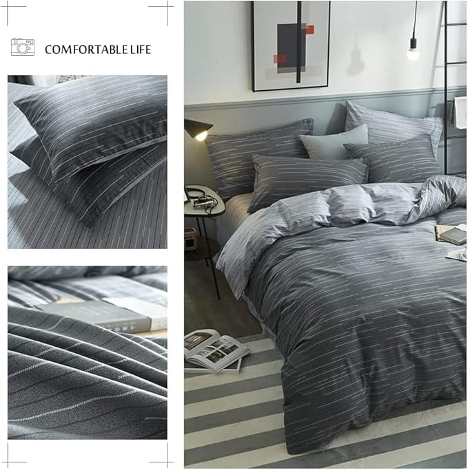 LifeTB 100% Cotton Striped Duvet Cover Set Full Size Geometric Grey Stripes Pattern Printed Bedding Set Modern Style Striped Comforter Cover for Men Boys Teens 1 Full Duvet Cover with 2 Pillowcases