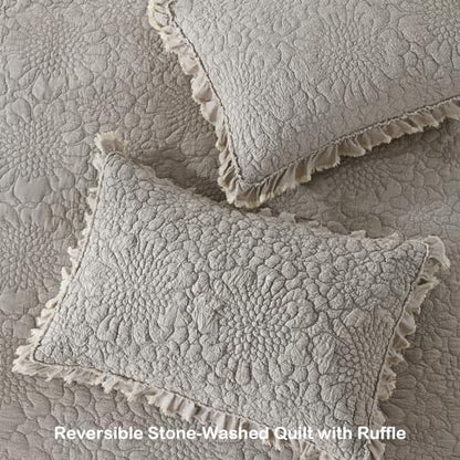 HORIMOTE HOME Beige Ruffled Quilt Queen Size, Stone-Washed Microfiber Lightweight Crinkled Farmhouse Rustic Shabby Chic Bedding Set, 3 Pieces Reversible Bedspread with Pillow Shams for All Season