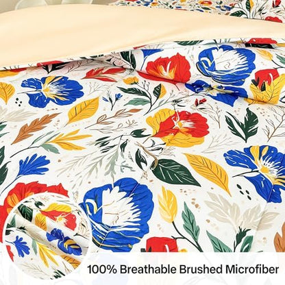 lasoftan Floral King Comforter Set with Sheets, 7 piece Luxury Vintage Bedding, Soft Microfiber Bed in a Bag, Cozy Lightweight Bed Set, Blue Orange Flower