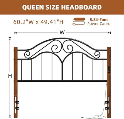 Headboard for Queen Size Bed Frame with Charging Station USB & Type C Ports | Vintage Platform Bed Headboard Only,Adjustable,Iron Legs,Easy Assembly,Black