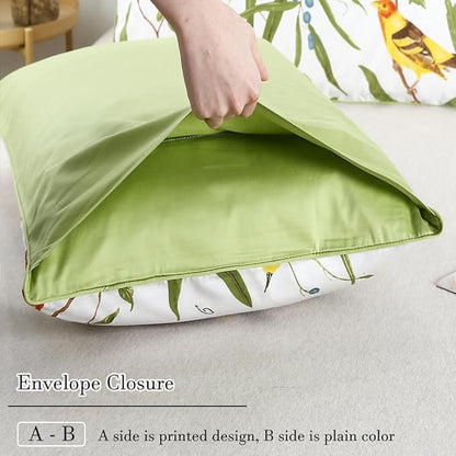 WINLIFE 100% Cotton Pillowcases Standard 2 Pillow Cases Decorative Farmhouse Green Leaves Birds Printed Pillow Cover Set of 2 (Standard 20x26'', Birds)