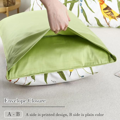 WINLIFE 100% Cotton Pillowcases Queen 2 Pillow Cases Decorative Farmhouse Green Leaves Birds Printed Pillow Cover Set of 2 (Queen 20x30'', Birds)