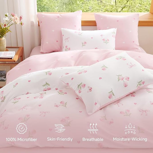 Floral Comforter Set King Size - 3 Pieces Pink White Floral Tulips Bow Comforter Bedding Sets Reversible Pattern,King Bed in a Bag with Flowers Comforter and 2 Pillowcases