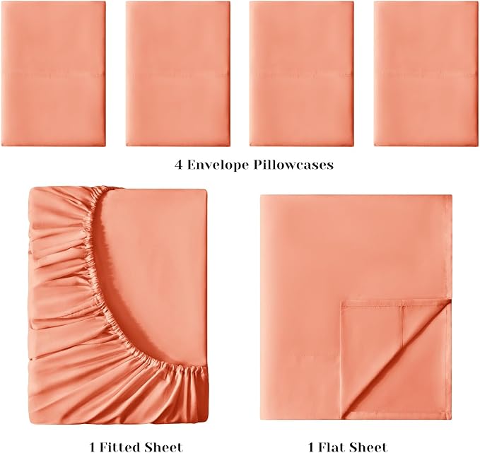 BYSURE 6 Pieces Bed Sheets Set(Queen, Coral) - Super Soft 1800 Thread Count 100% Microfiber Sheets with Deep Pockets, Wrinkle & Fade Resistant