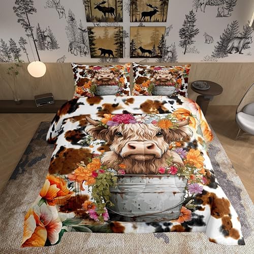 Highland Cattle Cup Comforter Set for Kids Adults,Retro Cow Skin Farmhouse Animal Soft Bedding Comforter Sets King,Watercolor Wild Flowers Rustic Style Quilt Comforter with 2 Pillowcases
