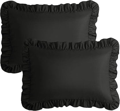 KKJIAF Ruffle Pillow Cases King Size Set of 2, Ruffled Pillow Covers with Envelope Closure, Wrinkle Resistant Pillowcases 20" x 36", Ruffled Pillow Shams, Black