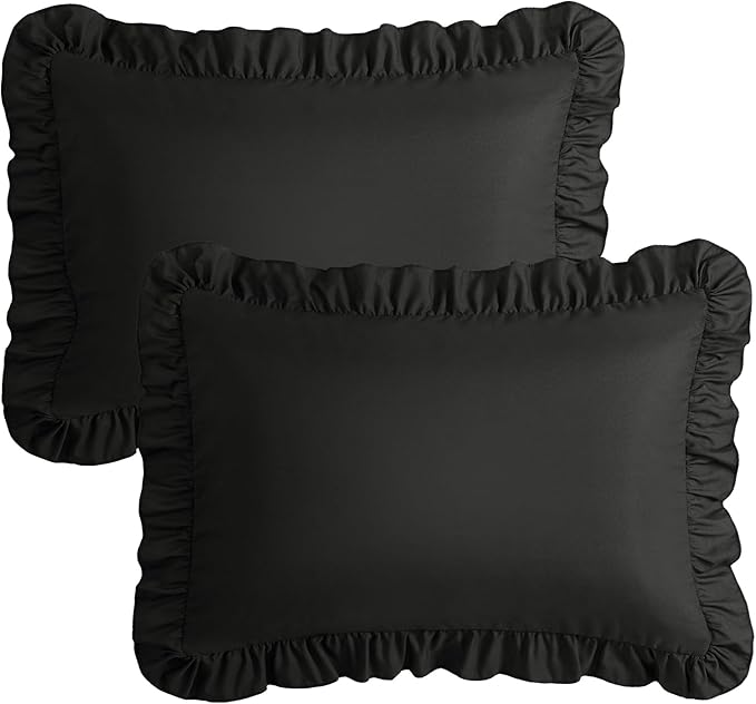 KKJIAF Ruffle Pillow Cases Standard Size Set of 2, Ruffled Pillow Covers with Envelope Closure, Wrinkle Resistant Pillowcases 20" x 26", Ruffled Pillow Shams, Black