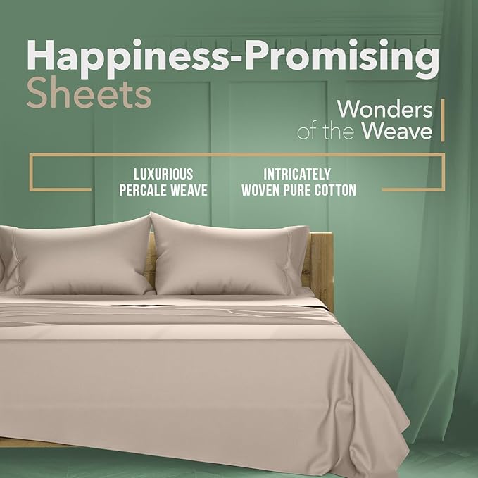 TEXAS LINEN CO. 100% Organic Cotton Sheets Full Size - 4 PC Organic Cotton Full Percale Weave Sheet Set, Soft, Cooling, Crisp & Breathable, 16" Deep Pocket Hotel Quality Bedding Set - Taupe