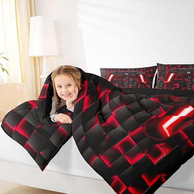 Erosebridal Gamer Full Bedding Sets for Boys Geometric Gaming Kids Comforter Red and Black Checkered Gamepad Comforter Set for Teen Men,Video Game Bed Set Neon Lights Game Controller for Boys Room