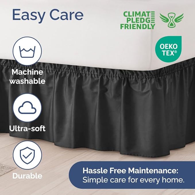Wrap Around Dust Ruffle Bed Skirt - Black - for Queen Size Beds with 12 Inch Drop - Easy Fit Elastic Strap - Adjustable Pleated Bedskirt w/Brushed Fabric - Wrinkle Free - for Women, Men, Kids & Teens