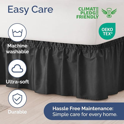 Wrap Around Dust Ruffle Bed Skirt - Black - for Queen Size Beds with 12 Inch Drop - Easy Fit Elastic Strap - Adjustable Pleated Bedskirt w/Brushed Fabric - Wrinkle Free - for Women, Men, Kids & Teens
