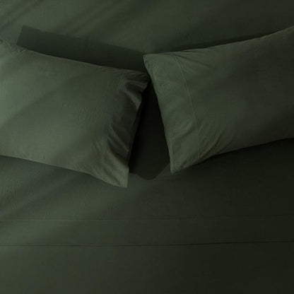 JIYUAN King Size Sheet Set, 4-Piece - 100% Washed Cotton, Linen-Like Soft & Breathable, Includes Deep Pocket Fitted & Flat Sheet with 2 Pillowcases, Hotel Quality, Solid Forest Green