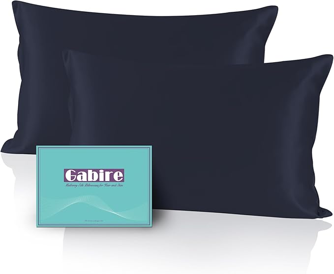 Mulberry Silk Pillow Cases Set of 2, Both Sides Real Silk Pillow Cover for Hair and Skin Cool Pillowcase Organic Silk Pillowcase 2 Pack with Hidden Zipper, Navy Blue, Queen (20"×30")