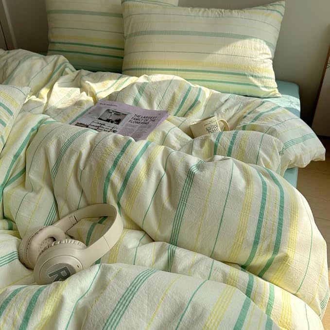 EAVD Retro Striped Duvet Cover Set Queen Size Soft 100% Cotton Vintage Yellow Green Stripes Pattern Bedding Set with 2 Pillowcases Reversible Farmhouse Geometric Printed Duvet Cover with Zipper
