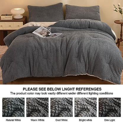 LLanCL 3D Jacquard Design Comforter Set, Ultra-Soft Warm Full Size Sherpa Fur Plush 3-Pieces Sets Luxury Cozy Bedding with 2 Pillowcases (80"x90", Grey)