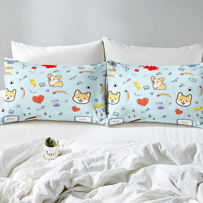 Cartoon Dog Fitted Sheet Set with 2 Pillowcase,Hippie Graffiti Painting Bed Sheet for Boys Girls Bedroom,Kawaii Puppy Pet Theme Top Flat Sheet Luxury Microfiber,Queen Size