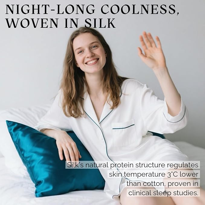 Ravmix Silk Pillow Cases with Zipper, 21momme Mulberry Silk Pillowcase for Hair Skin Health, Soft Smooth Breathable Cool Pillow Cover for Beauty Sleep with Gift Box 1PC(King 20"x36", Peacock Blue)