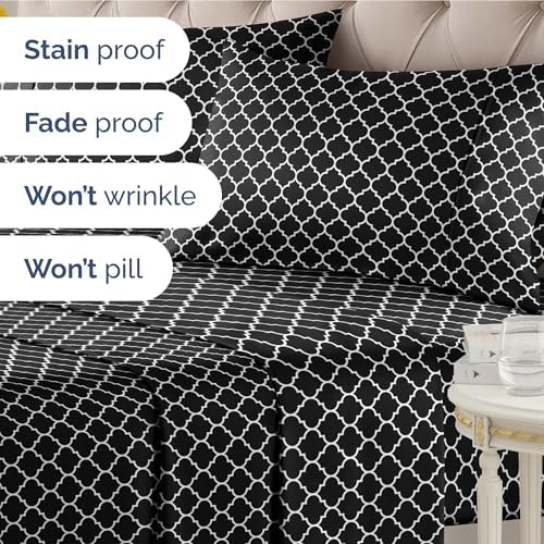 King 4 Piece Striped Sheet Set - Breathable & Cooling - Black Quatrefoil