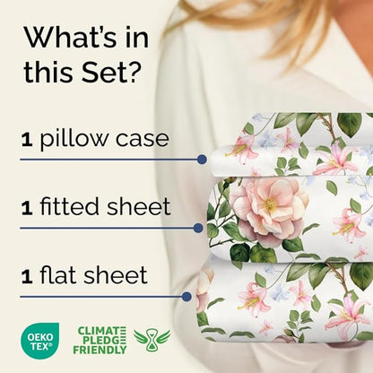 Floral Sheets - Pink Floral Rose Bed Sheet Set - 1 Flat, 1 Fitted & 1 Pillowcase w/ Deep Pockets - Comfy, Wrinkle & Fade-Free Boho Botanical Bedding - Soft, Breathable & Cooling - New Twin Size
