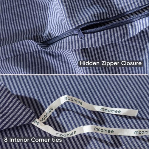 MooMee Striped Duvet Cover Set 100% Washed Cotton Linen Like King