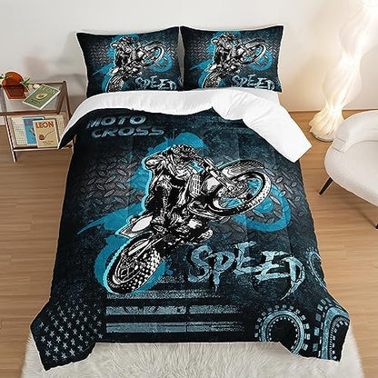 HOSIMA Dirt Bike Comforter Motocross Rider Bedding Set for Race Car Bed,American Flag Motorbike Twin Comforter Extreme Sport Bedding Set for Boys Teens Mens Bedroom Essentials.