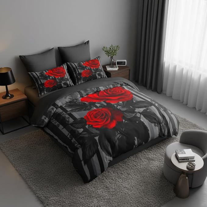 Grey Stripe Comforter Black Red Roses Bedding Set Queen Size for Women Romantic Botanical Leaves Quilted Comforter for Bedroom Decor - 3Piece Soft Fluffy Microfiber with 2 Pillowcases