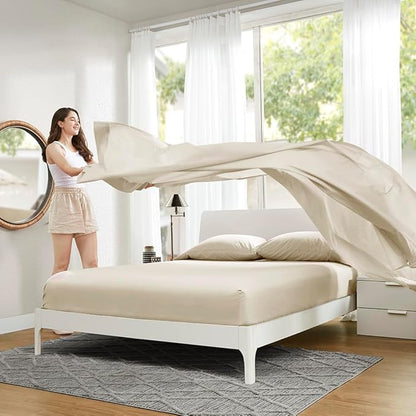 Comfort Spaces 100% Cotton Sheets Queen, Breathable & Ultra Soft Cotton Sheets, Naturally Cool Cotton Bed Sheets with 14" Elastic Pocket Fits up to 16" Mattress, All Seasons Sheet Set, Cream 4 Piece