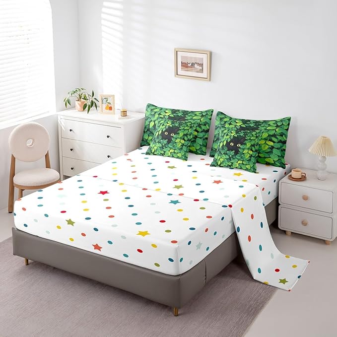 jejeloiu Cute Cat Bedding Set 7Pcs King Size Kids Kawaii Kitten Comforter Set with Sheets for Boys Girls Green Plant Bed in a Bag Soft Lightweight,Microfiber